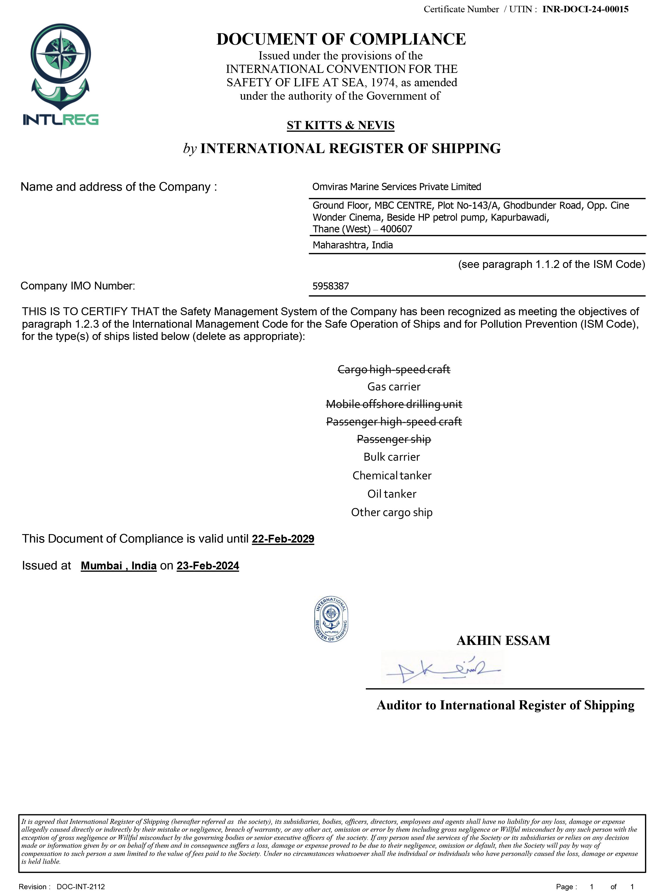 DOCUMENT OF COMPLIANCE